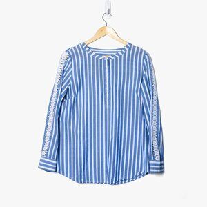 Talbots Women's Large Striped Blouse Crochet Sleeve Blue